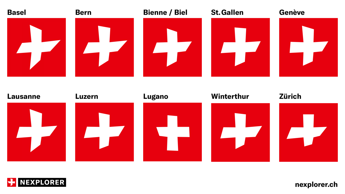 Individuelle Schweizerkreuze für Basel, Bern, Biel/Bienne, St.Gallen, Genf, Lausanne, Luzern, Lugano, Winterthur und Zürich.